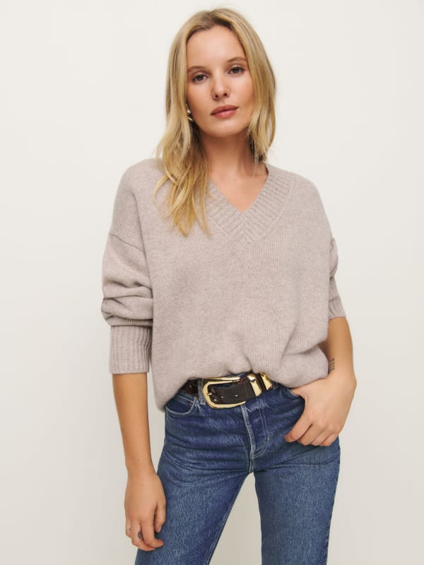 Jadey Cashmere Oversized V-neck Sweater - Barley